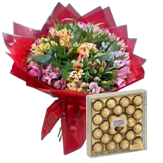 Ramo de flores astromelias con bombones ferrero rocher x 24